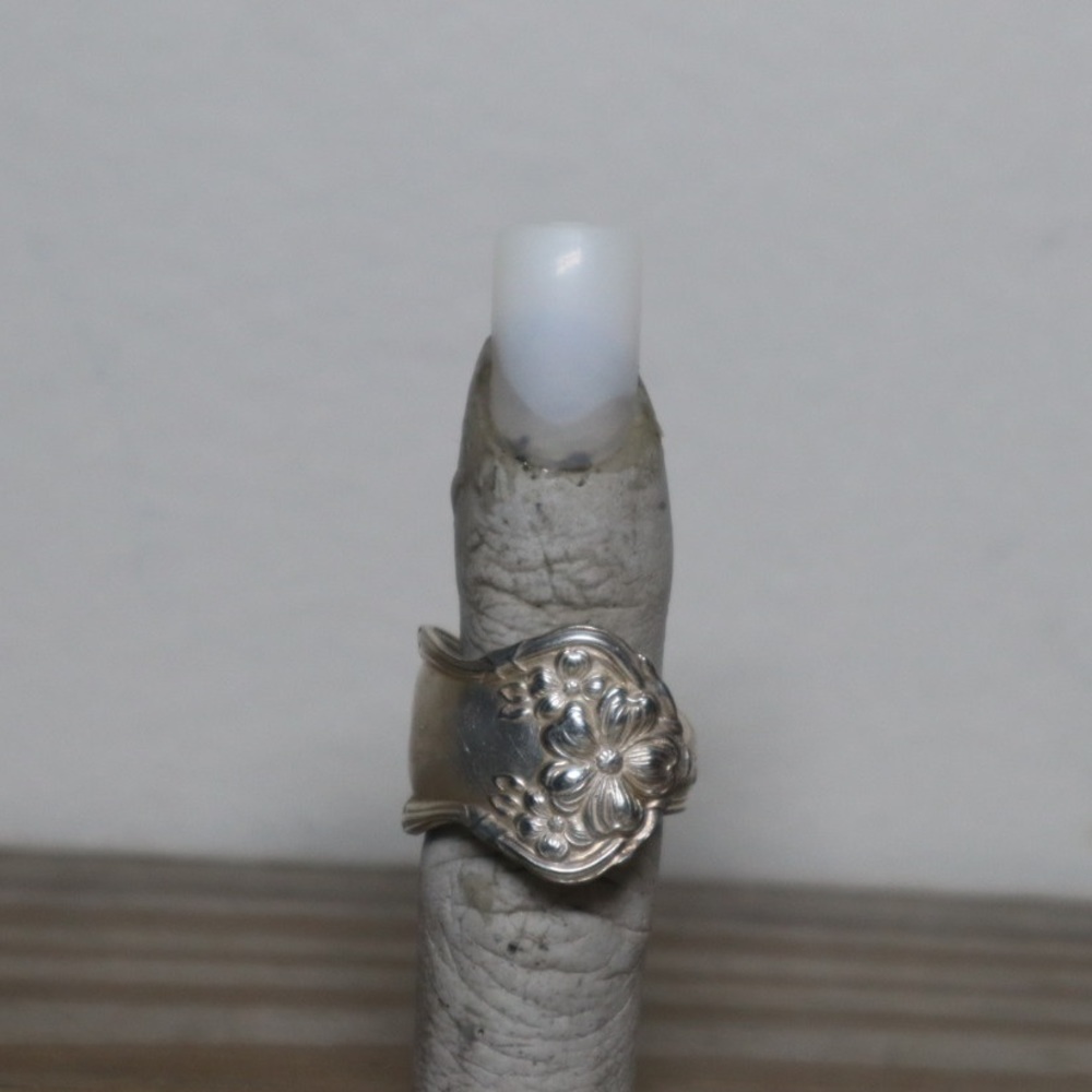 Handmade flower spoon ring silver plated size 8